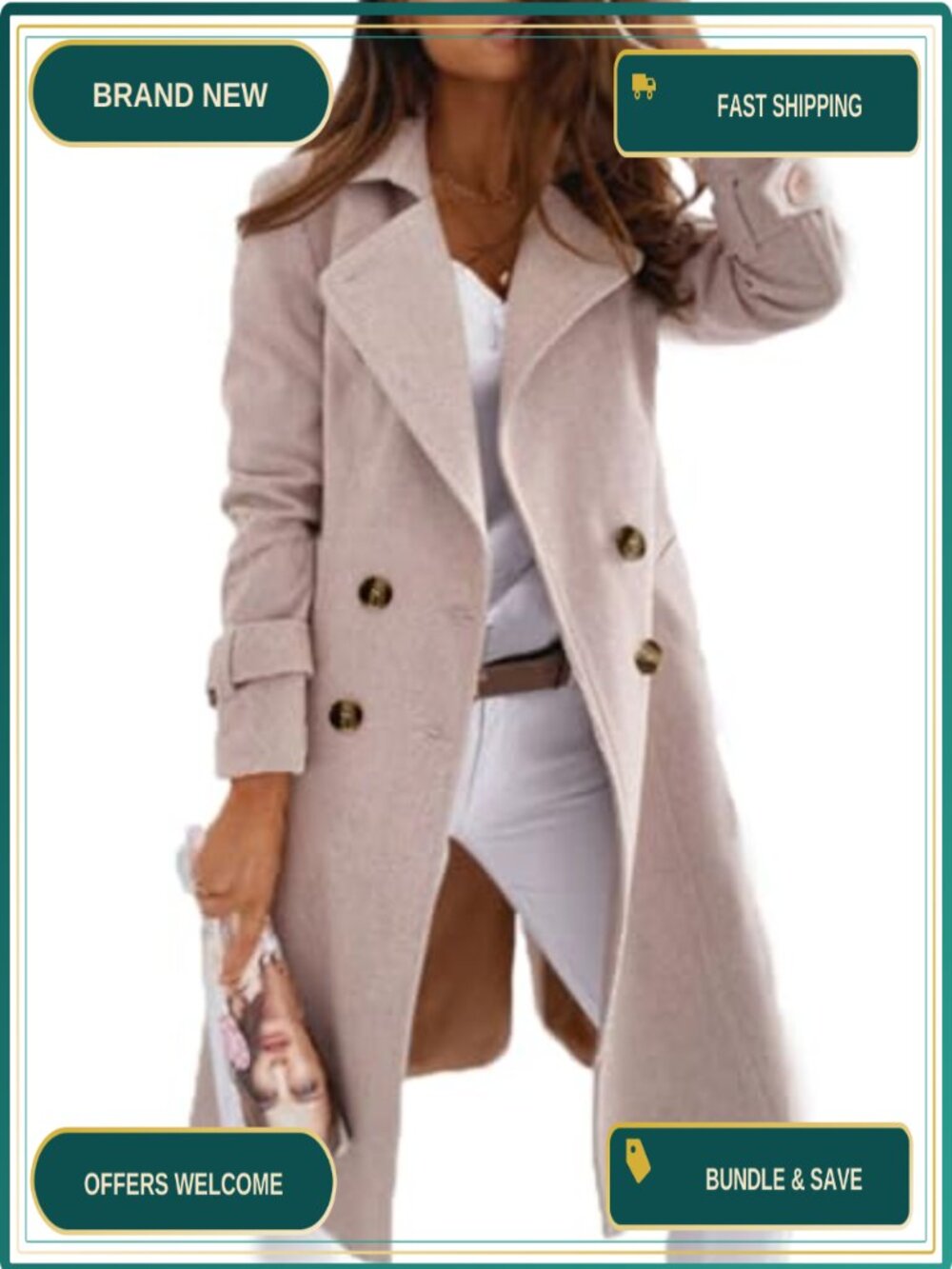 Wool Blend Pea Coat Long Double Breasted Winter Jacket